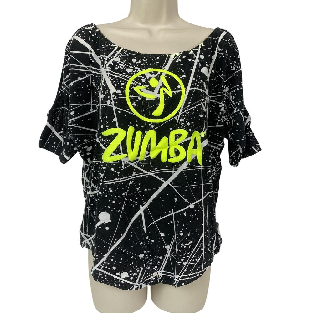 Zumba Shirt Womens Medium Black Splatter Paint Neon Logo Cold Shoulder Dance Top